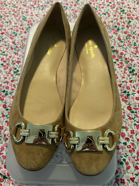 kate spade Shoes - kate spade Tan Suede Flats with Gold Chain Accent